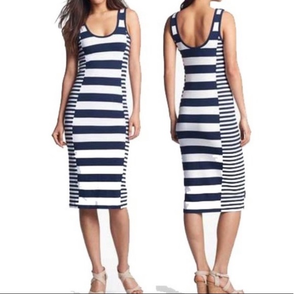 French Connection White and Navy Blue Striped Nautical Fitted Midi Dress - Picture 6 of 6